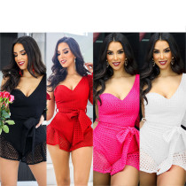 Women's solid color lace up diagonal shoulder long sleeved shorts jumpsuit