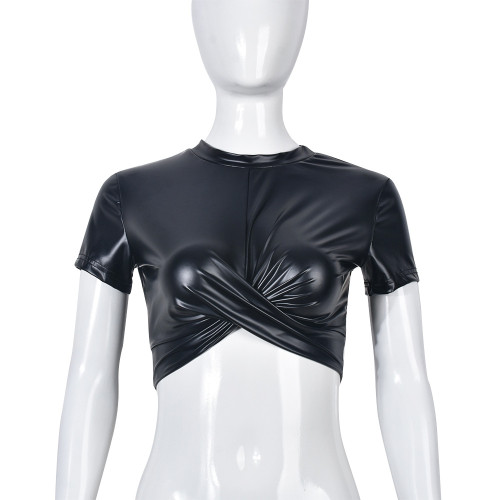 PU leather round neck exposed navel versatile tight solid color short sleeved top