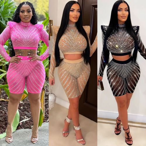 Women's Sexy Tight Mesh Perspective Long Sleeve Hot Diamond Two Piece Pant Set