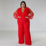 Sexy Deep V Solid Large Jumpsuit Perspective Long Sleeves
