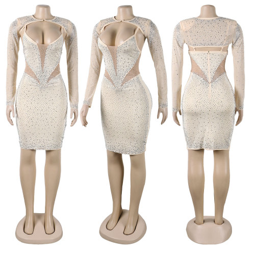 Sexy Hot Diamond Slim Fit Perspective Double Wear Long Sleeve Strap Dress