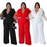Sexy Deep V Solid Large Jumpsuit Perspective Long Sleeves