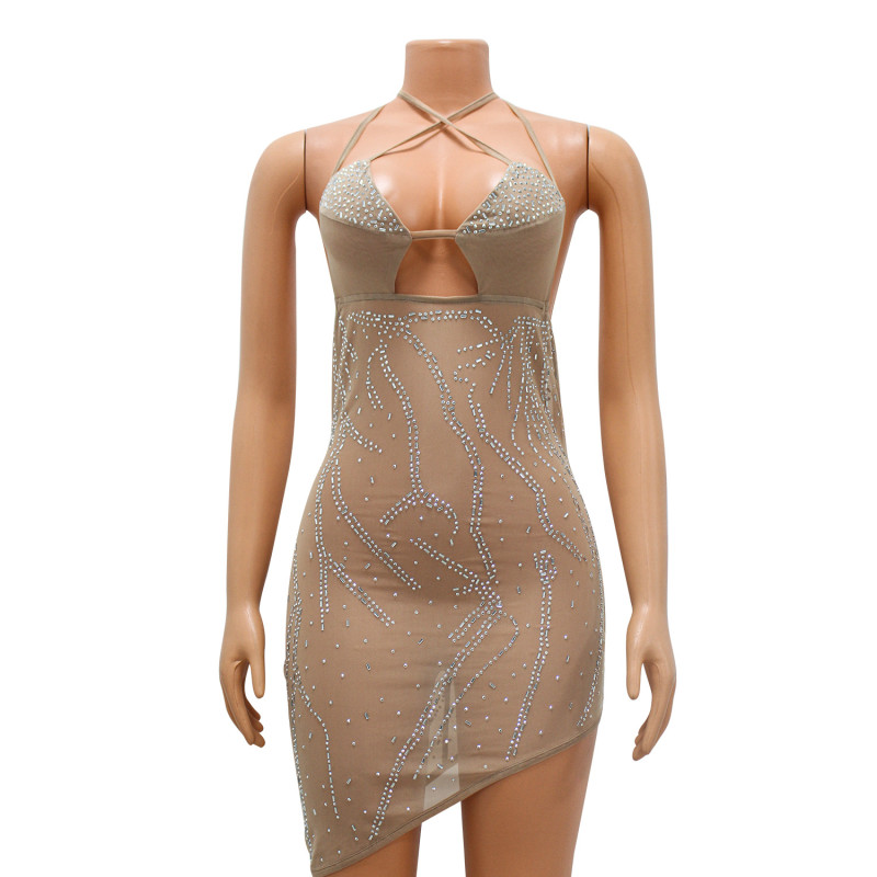 Women's sexy mesh hot diamond perspective suspender dress