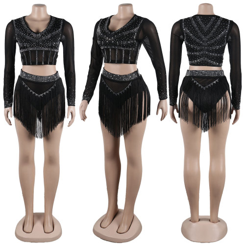 Sexy slim fitting tassel hot diamond mesh perspective two-piece set