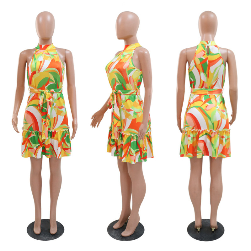 Fashionable digital printed hanging neck dress with irregular hem