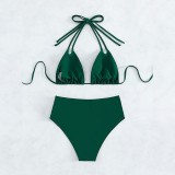Solid Color Sexy Beauty Hanging Neck Triangle Cup Bikini Swimsuit High Waist Split Swimsuit