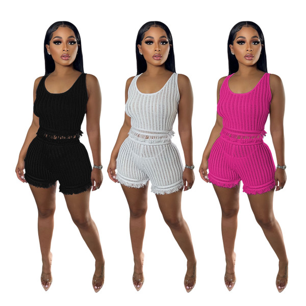 Fashion Tank Top Woven Small Tassel Shorts Casual Two Piece Set
