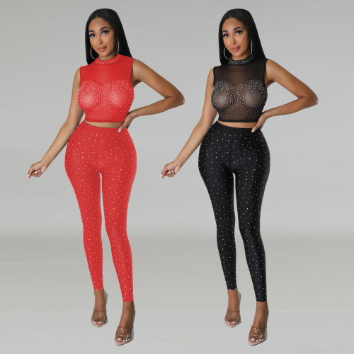 Two piece mesh hot diamond round neck perspective sexy nightclub pants set