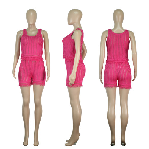 Fashion Tank Top Woven Small Tassel Shorts Casual Two Piece Set