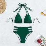 Solid Color Sexy Beauty Hanging Neck Triangle Cup Bikini Swimsuit High Waist Split Swimsuit