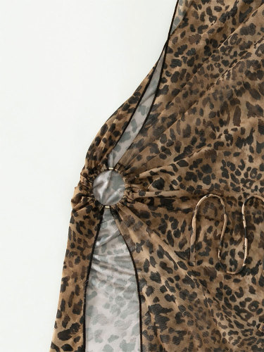Leopard print sunscreen three piece mesh swimsuit for women's bikini beach swimsuit