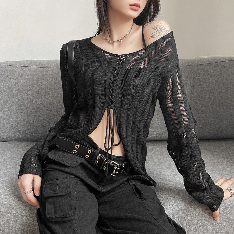 Thin Sexy Spicy Girl Hollow V-neck Loose Long Sleeve Knitted Sweater