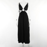 Temperament Dress Deep V Double Split Open Back Cutout Sexy Strap Long Dress