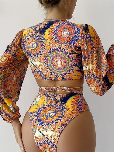 Fashionable and sexy deep V strap printed high waisted beach split swimsuit