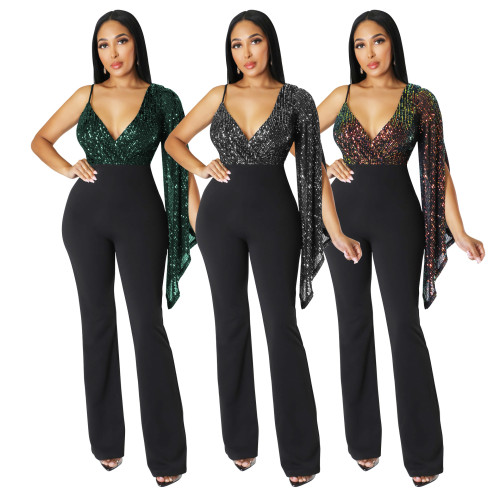 Sequin V-neck bra one shoulder cape sexy nightclub jumpsuit