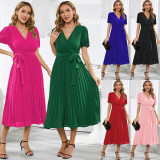 V-neck bubble sleeved pleated skirt slimming temperament long dress