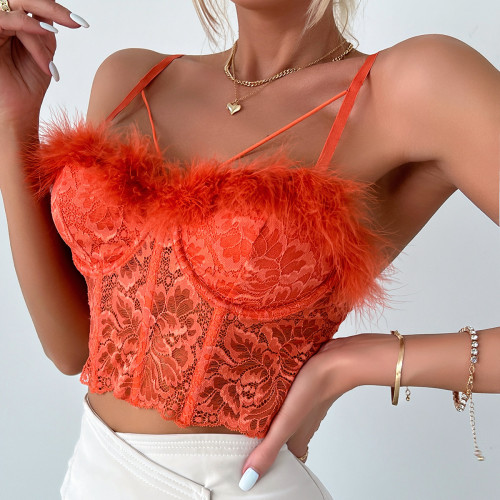 Lace Fish Bone Light Luxury Feather Tassel Pure Desire Tank Top