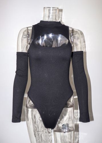 Tight and sexy bare chest bottomed shirt with irregular hollow out long sleeved slim fitting off shoulder jumpsuit
