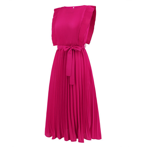 Ruffle Sleeves Folded Pleated Dress Solid Color Dress