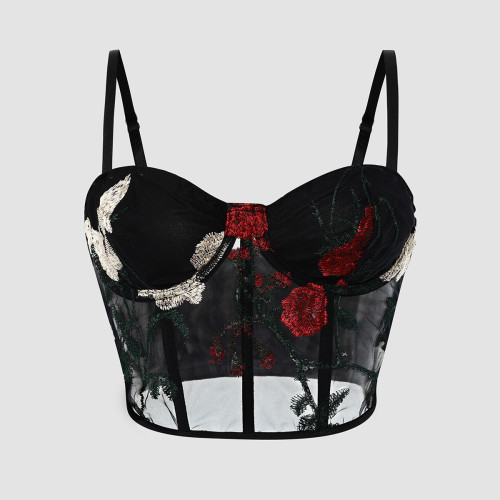 Mesh flower embroidered steel ring fishbone vest