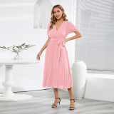 V-neck bubble sleeved pleated skirt slimming temperament long dress