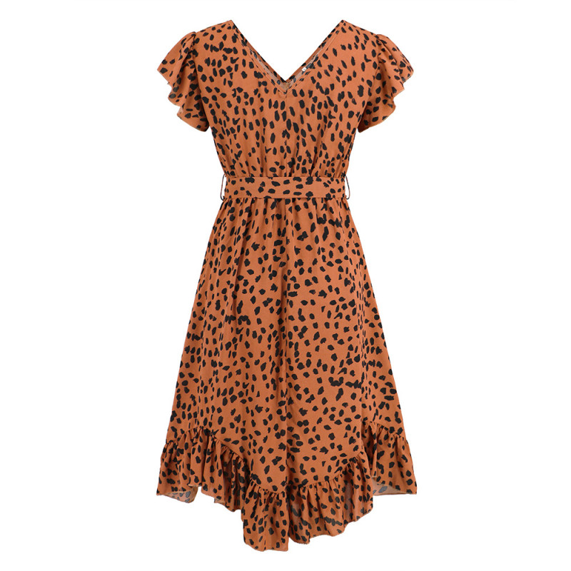 Fashion Slim Fit V-neck Ruffle Short Sleeve Leopard Print Dress Irregular Hem Dress