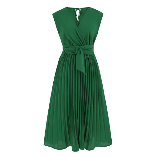 Sleeveless V-neck lace up dress, fashionable slim fitting pleated mid length skirt