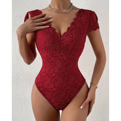 Solid color lace perspective deep V backless niche design jumpsuit