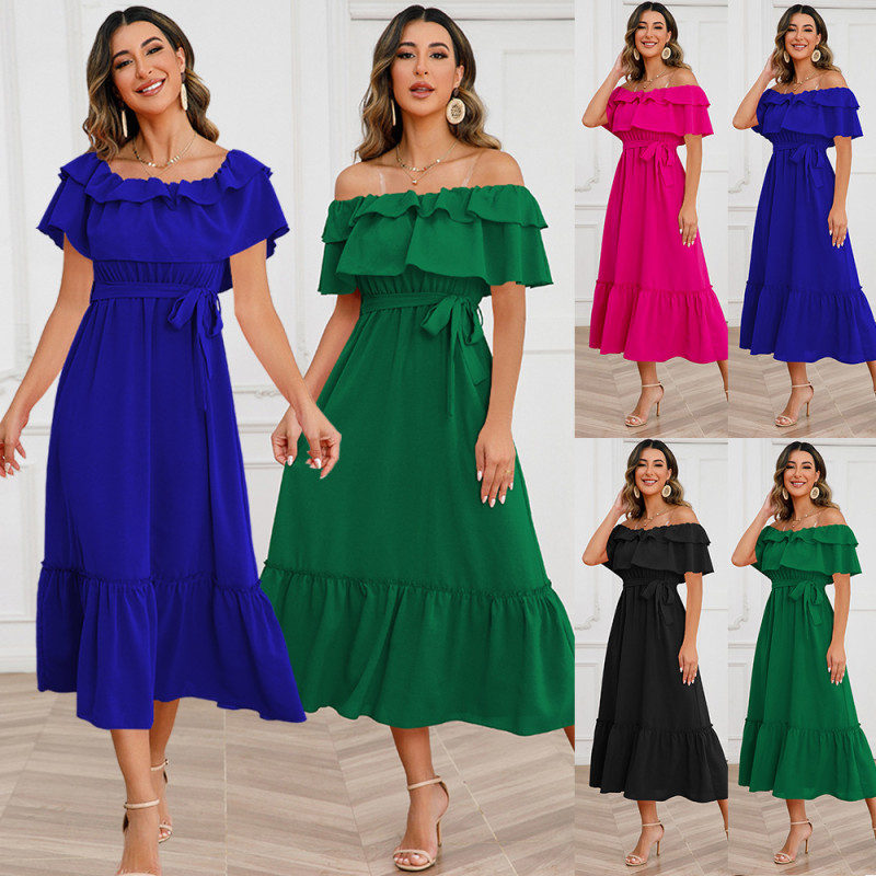 Solid Color Sexy One Line Neck Off Shoulder Mid length Dress Fashion Beach Skirt