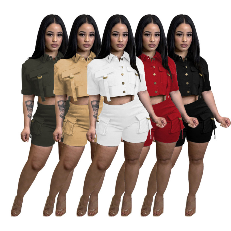 Button Multi Pocket Short Two Piece Solid Color Elastic Short Sleeve Commuter Workwear