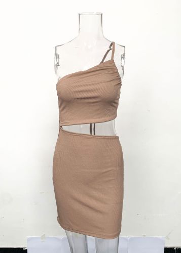 Single shoulder drawstring dress with hollowed out buttocks and suspenders short dress