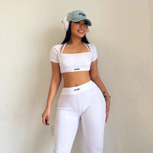 Sports yoga set knitted solid color square neck short sleeved ultra short pullover top+high waisted leggings