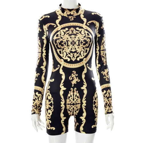 Fashion round neck long sleeved printed jumpsuit shorts