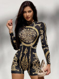 Fashion round neck long sleeved printed jumpsuit shorts