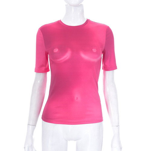 Human printed round neck short sleeved slim fitting casual top T-shirt