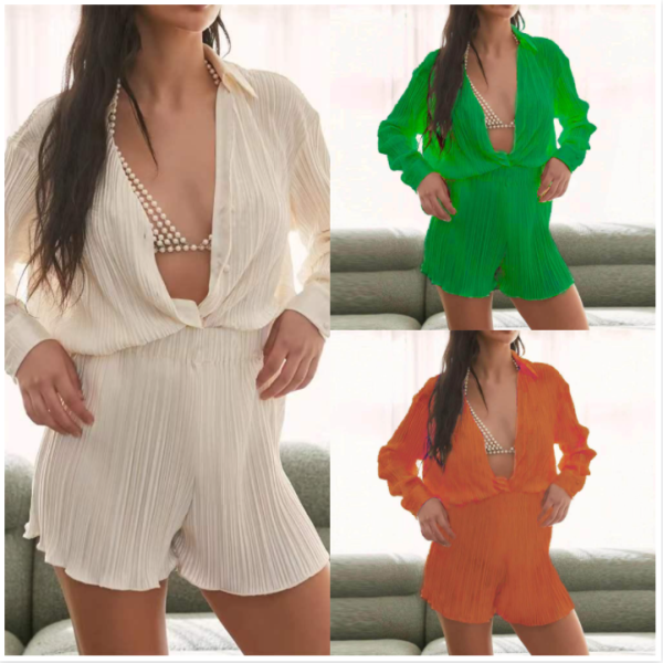 Fashion V-neck pleated long sleeved lapel shorts fashion set