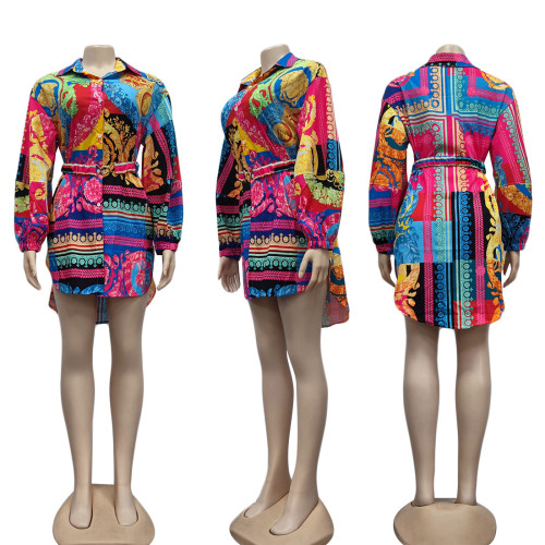 Sexy and loose fitting shirt skirts with waistband, fashionable retro printed lapel and button up long sleeves