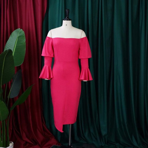 Large Women's Flare Sleeves Wrapped Hip Tight Fashion Dress