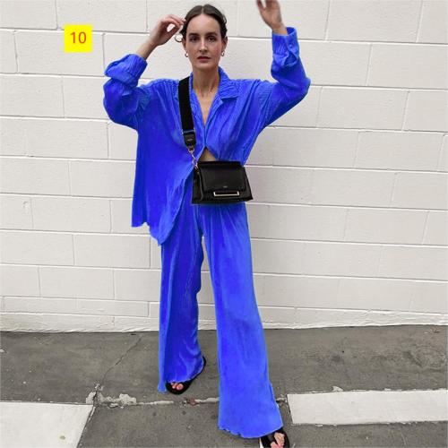 Women's solid color drape loose and smooth pleated casual two-piece set