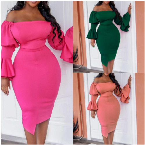 Large Women's Flare Sleeves Wrapped Hip Tight Fashion Dress