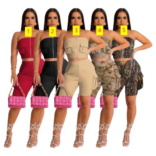 Solid color short sleeved shorts two-piece camouflage pocket elastic casual set