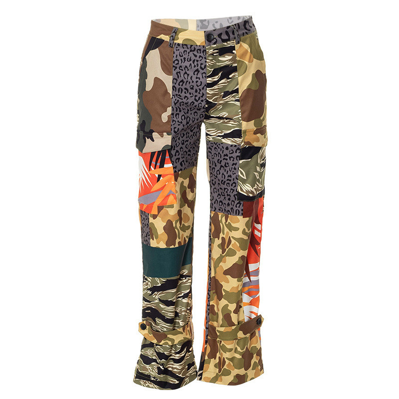 Women's cotton button zipper camouflage straight pants