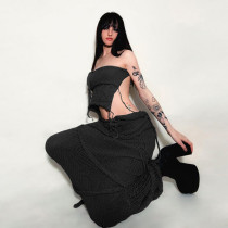 Sexy Wrapped Chest Open Back Lace Up Open Back Top Tassel Knitted Skirt Set