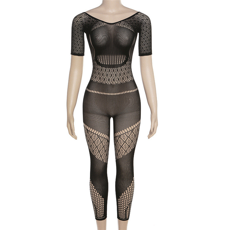 Sexy Mesh Perspective Hollow Solid High Waist Tight Casual jumpsuit