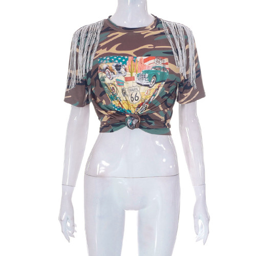 Tassel camouflage printed short sleeved T-shirt top