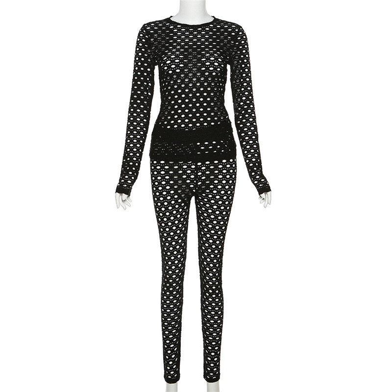 Round neck hollowed out long sleeved top with high waisted slim fitting tight pants set