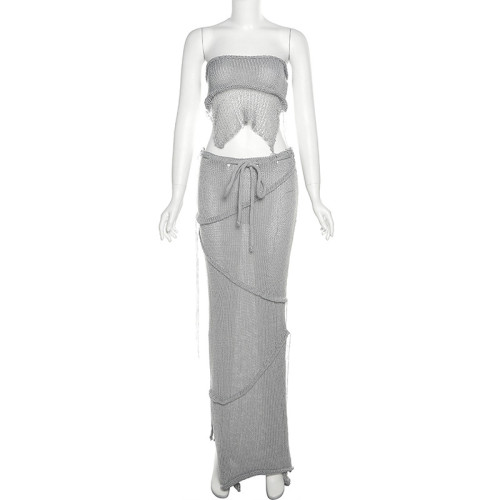 Sexy Wrapped Chest Open Back Lace Up Open Back Top Tassel Knitted Skirt Set