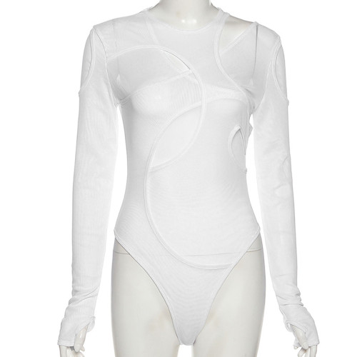Design Fake Two Pieces Mesh Perspective Overlay Tight Bodysuit
