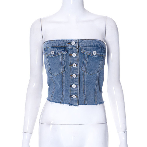 Fashion Street Trend Denim Elastic Wrap Chest Button Top