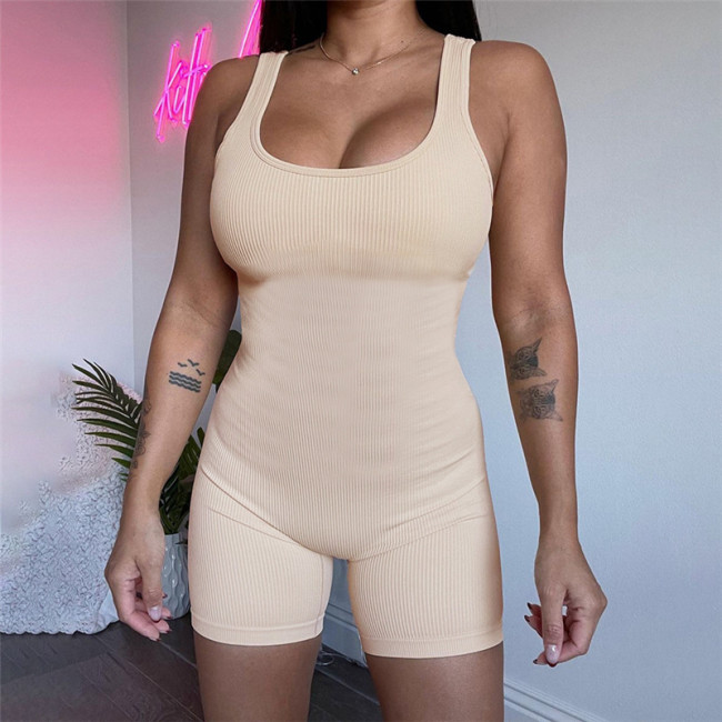 Women's solid color sexy backless low neck hanging neck short sports jumpsuit